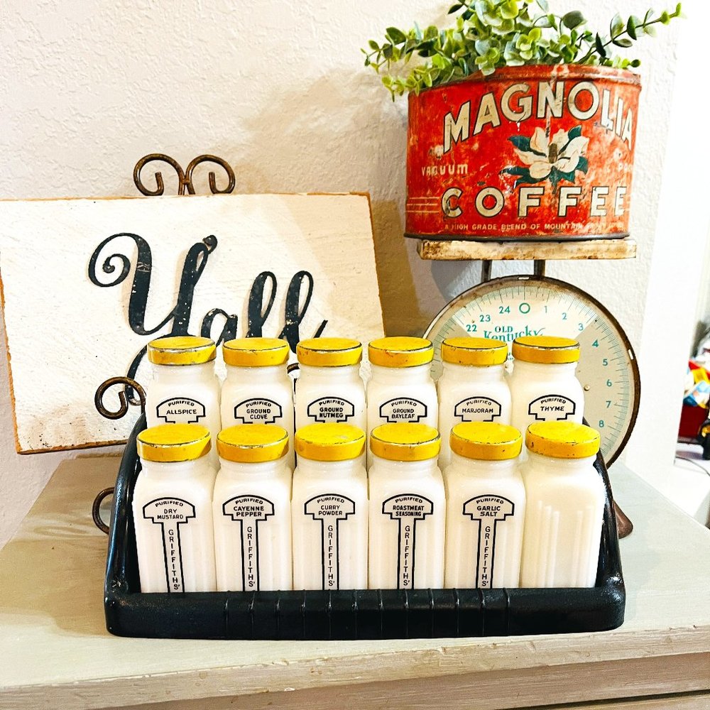 Retro milk glass Griffiths spice jar set of 12
